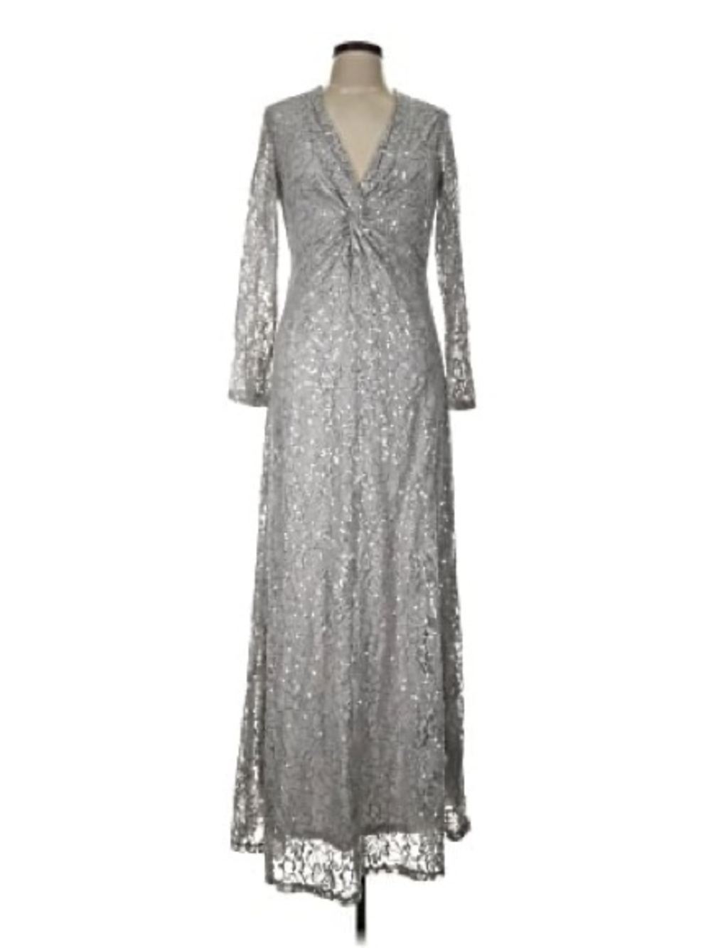 Tahari Silver Lace Maxi Dress with V-Neck and Long Sleeves